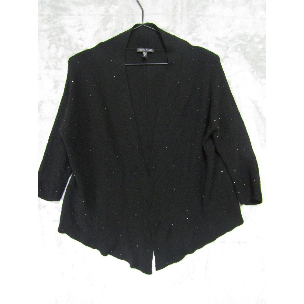 Eileen Fisher Cardigan Womens S Black Excellent Merino Wool Crystal Beaded